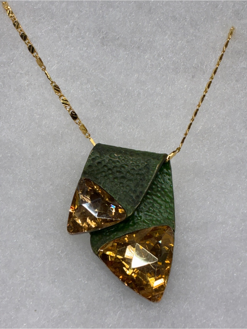 Green Leather Pendant Necklace with Golden Crystal Accents